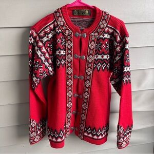 Vintage Nordstrikk Norway Wool Cardigan Red Nordic Sweater Pewter Clasps S/M